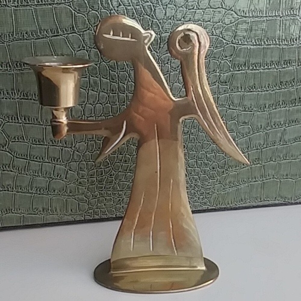 Mid Century Modern Brass Angel Candleholder, Modernist Minimalist 6-inch